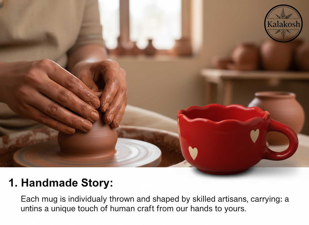 Handcrafted Red Ceramic Coffee Mugs (Set of 1) with Heart Design | Eco-Friendly Clay Mugs for Home & Office Use | Rustic Artisanal Tea