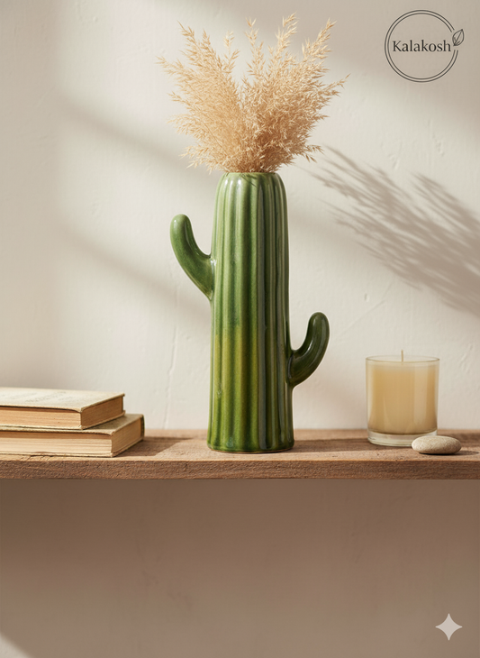 Handcrafted Ceramic Cactus Planter & Pen Holder for Desk, Home & Office Décor | Eco-Friendly Clay Pot & Stationary Organizer | Rustic Table Décor Gift