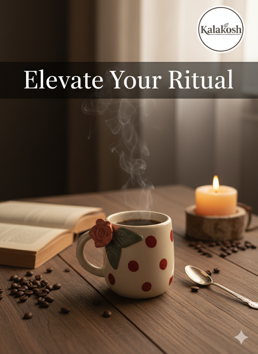 Handmade Ceramic Coffee Tea Mug – Elegant Polka Dot Design with 3D Rose – Ideal Home Decor, Office Use, and Unique Gifting