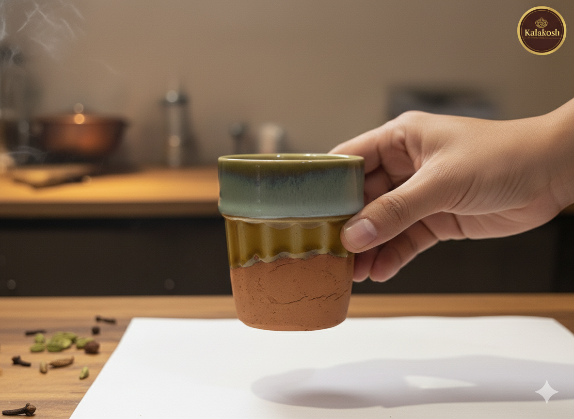 Premium Ceramic Cutting Chai & Coffee Cup Set with Metal Carrier Stand (Set of 2) – Handcrafted Dual-Tone Kullad Mugs for Home Decor, Kitchen, Office Use & Gifting – Elegant Home Decor Vase Style