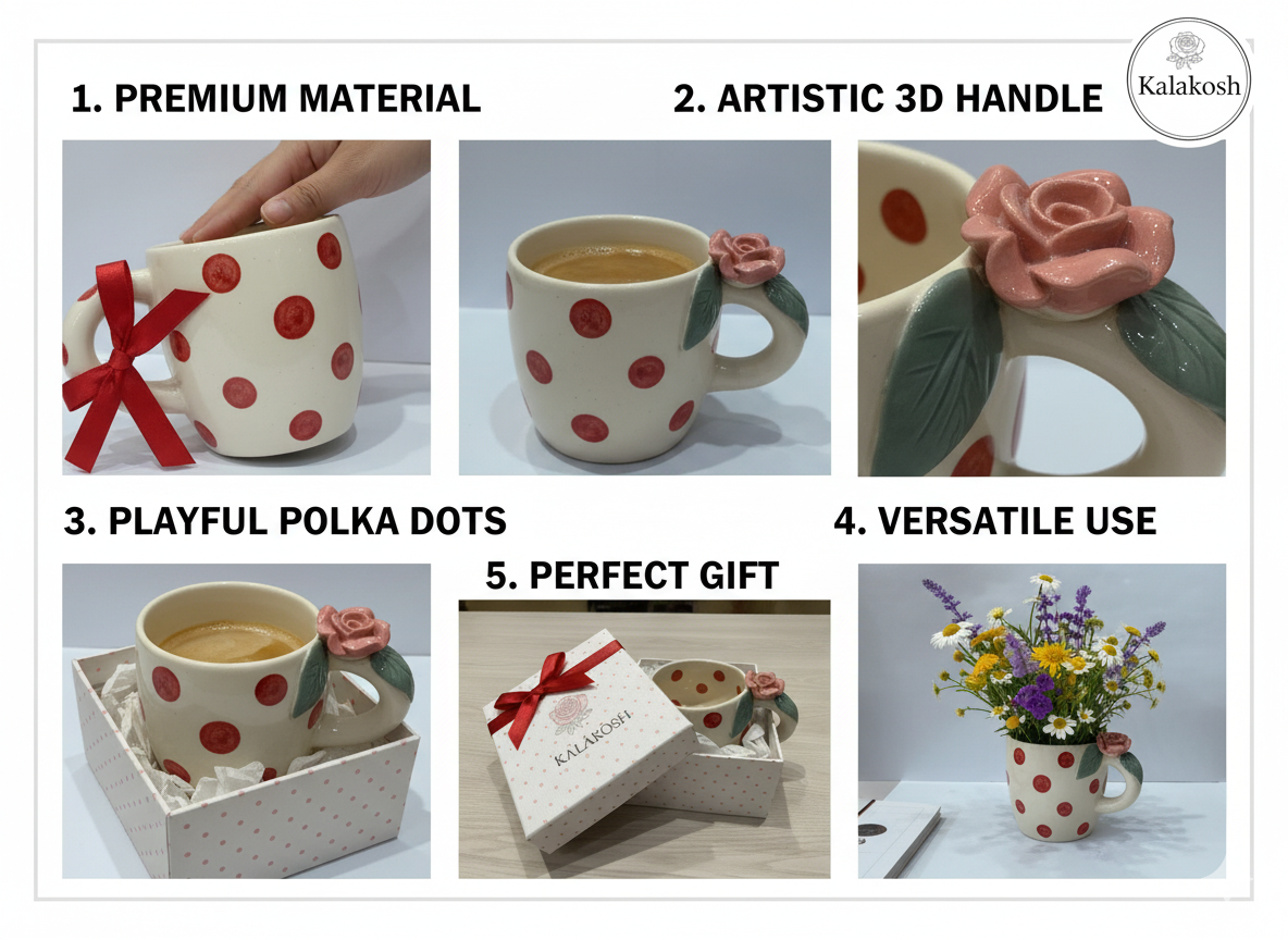 Charming Polka Dot Ceramic Coffee/Tea Mug with 3D Rose Handle | Unique Home Decor, Office Use & Gifting | Premium Stoneware Cup
