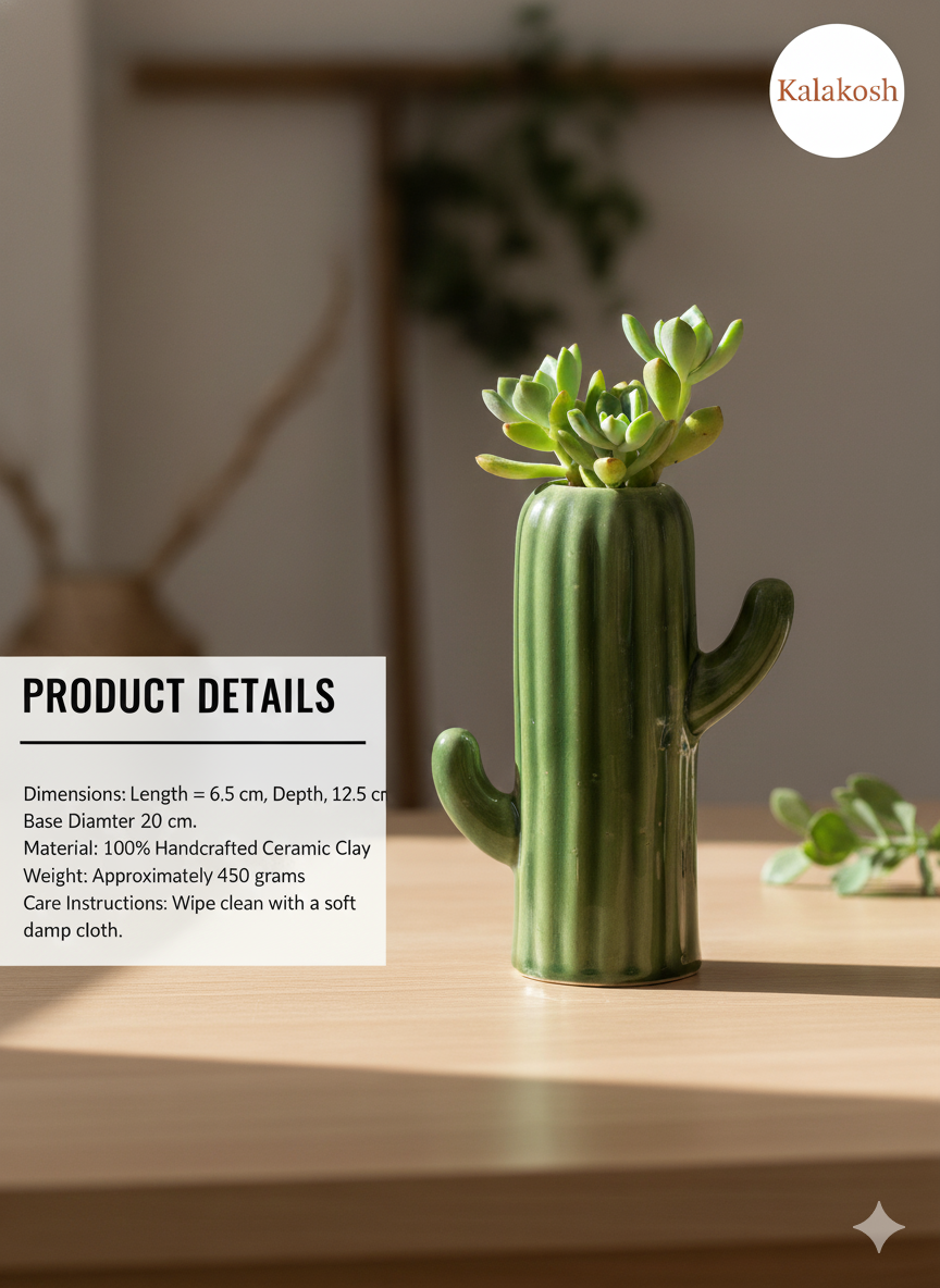 Handcrafted Ceramic Cactus Planter & Pen Holder for Desk, Home & Office Décor | Eco-Friendly Clay Pot & Stationary Organizer | Rustic Table Décor Gift