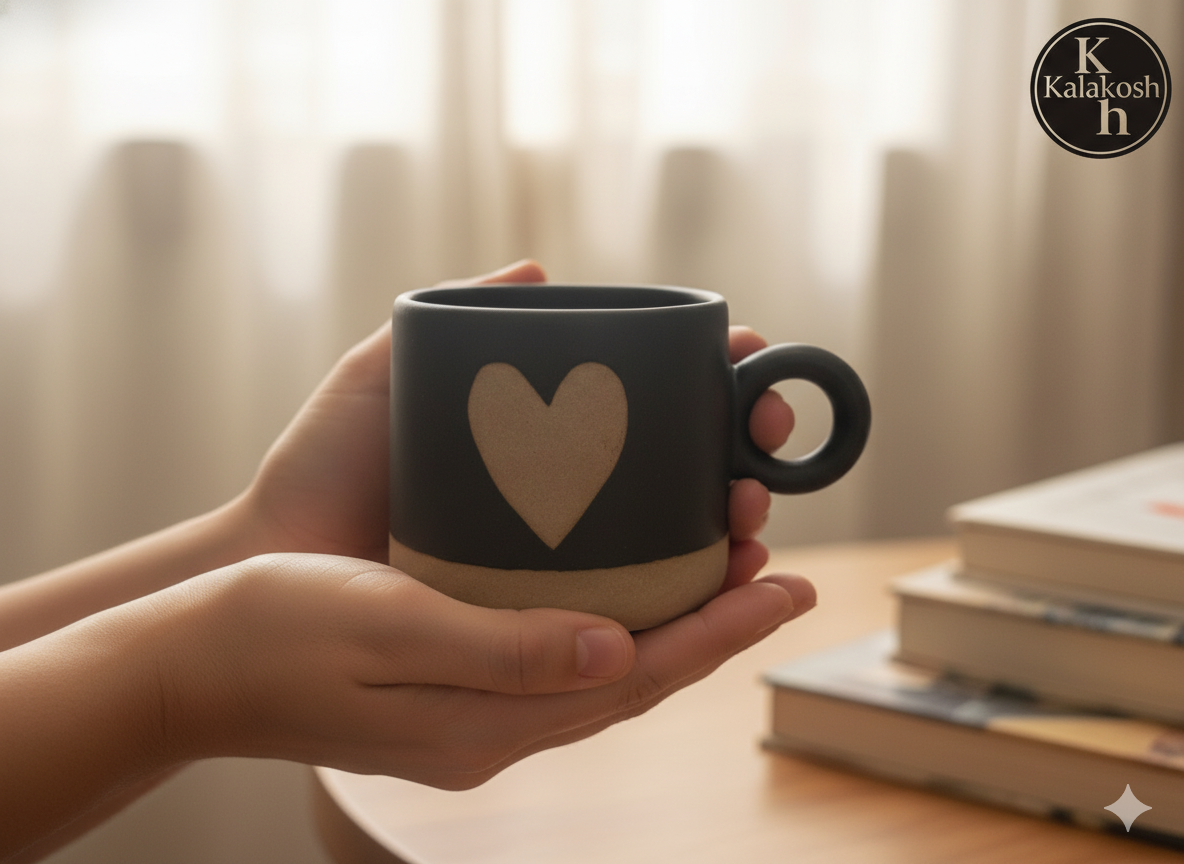 Handmade Black & Terracotta Heart Mug | Premium Ceramic Coffee Cup for Home Use & Office | Unique Home Decor Piece & Perfect Gifting Idea