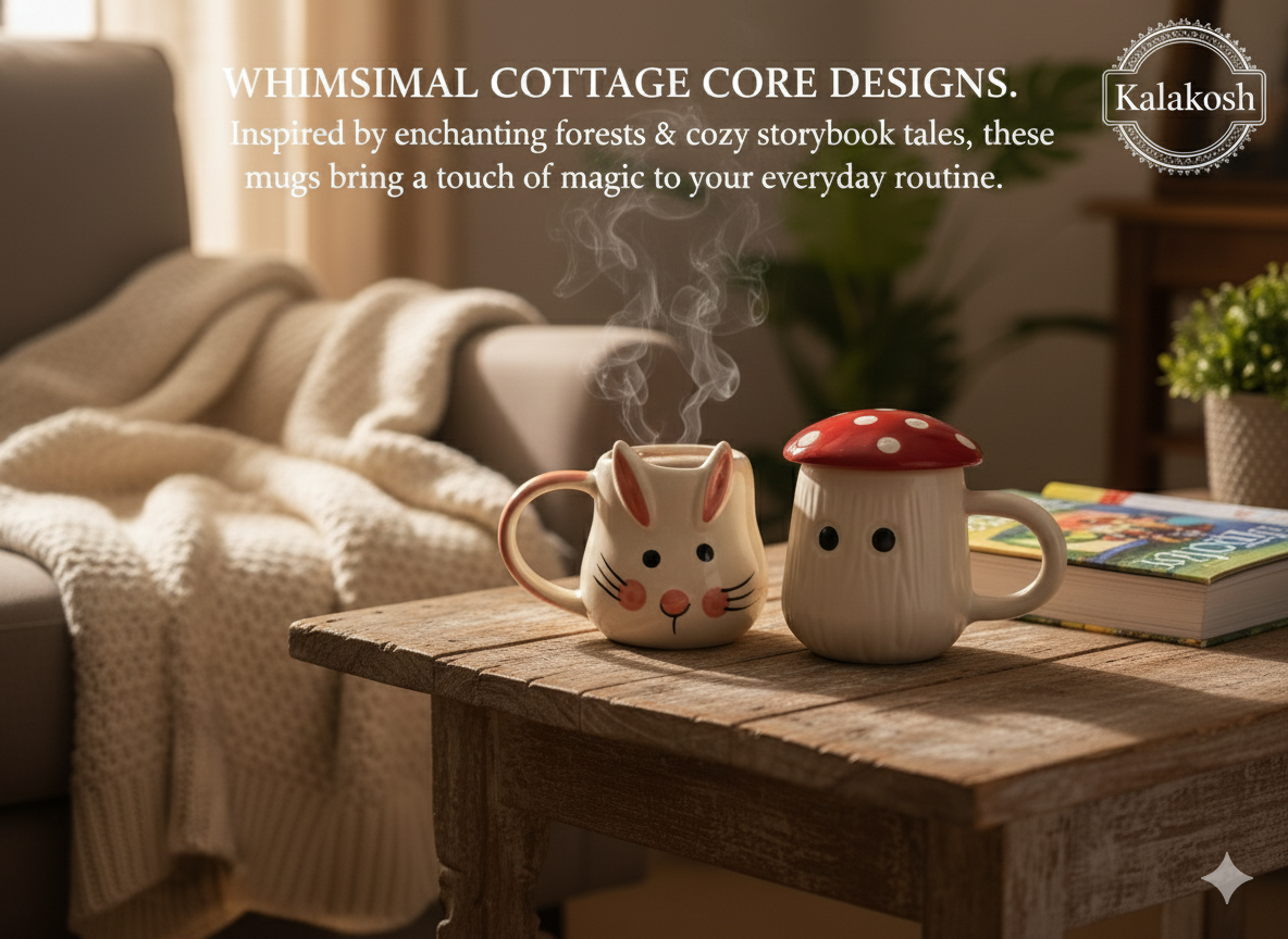 Premium Rabbit & Mushroom Ceramic Coffee Mug Set | Cute Tea Cups Combo for Home Decor, Kitchen, Office Use | Aesthetic Gifting for Women & Girls