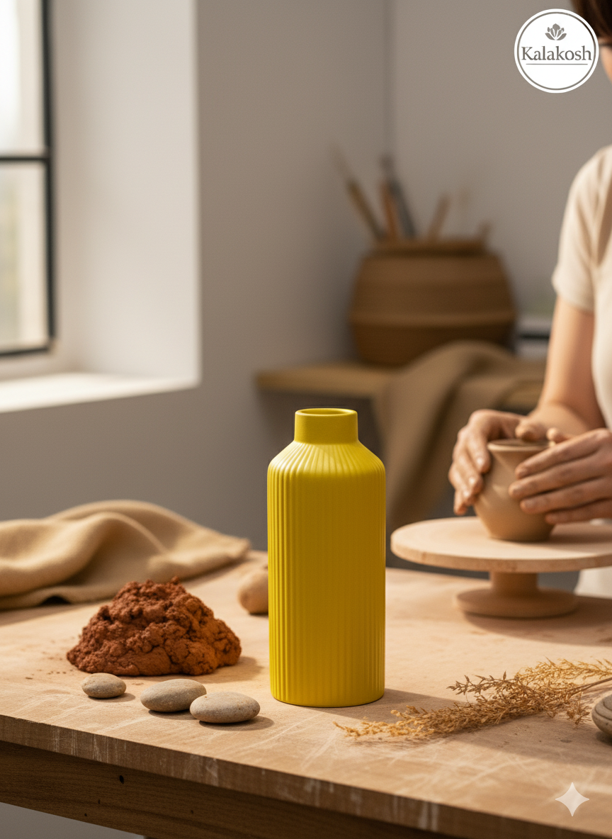 Handcrafted Yellow Fluted Ceramic Planter | Eco-Friendly Clay Vase for Rustic Home & Office Decor | Artisan Table Centerpiece | Unique Gifting