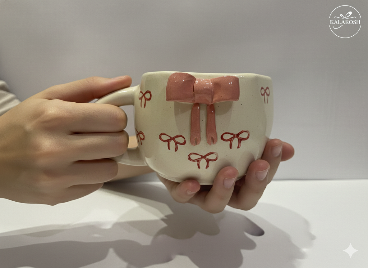 Premium Ceramic Coffee Mug with 3D Pink Bow Design – Aesthetic Tea Cup for Home Decor Vase Use, Office Use & Gifting – Cute Hand-Painted Stoneware Drinkware for Living Room & Kitchen Decor