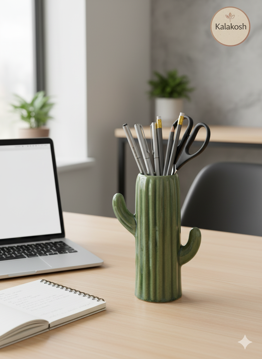 Handcrafted Ceramic Cactus Planter & Pen Holder for Desk, Home & Office Décor | Eco-Friendly Clay Pot & Stationary Organizer | Rustic Table Décor Gift