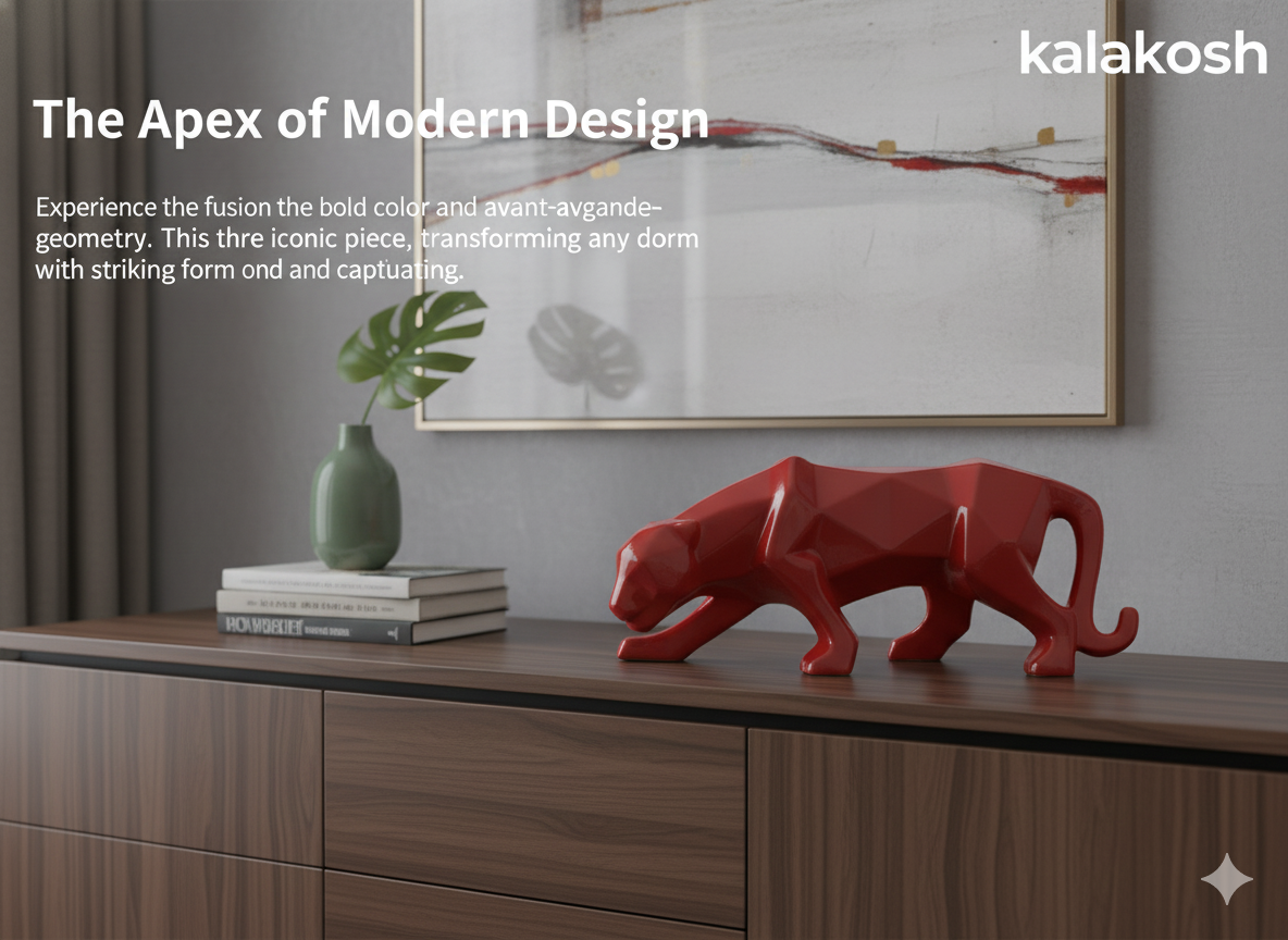 Geometric Panther Statue | Red Glossy Polyresin/Ceramic Showpiece | Modern Luxury Home Decor Accent | Ideal Gifting for Office Desk Living Room