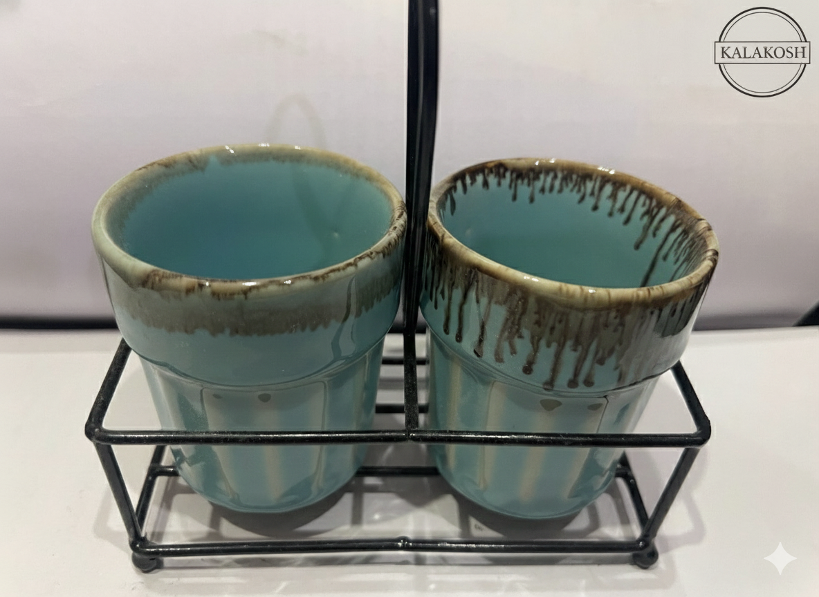Premium Ceramic Tea & Coffee Cup Set of 2 with Metal Stand - Elegant Turquoise Drip Glaze Home Decor Cups for Kitchen, Office Use, and Gift - Handmade Studio Pottery Home Decor Vase Style Mugs