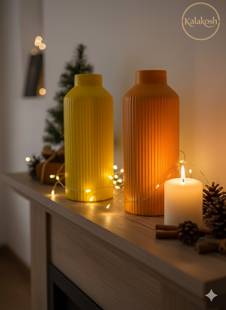 Premium Bottle Shape Home Decor Vase Combo | Yellow & Orange Ribbed Clay Vases for Living Room Table Decor, Home & Office Use, Aesthetic Gifting