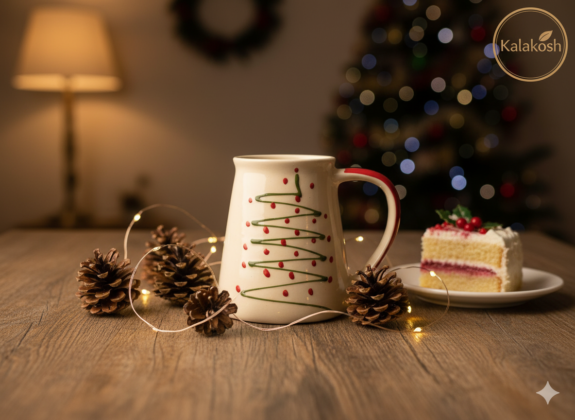 Handcrafted Christmas Tree Ceramic Coffee/Tea Mug for Home Decor, Office Use & Gifting | Premium Clay Cup for Hot & Cold Beverages