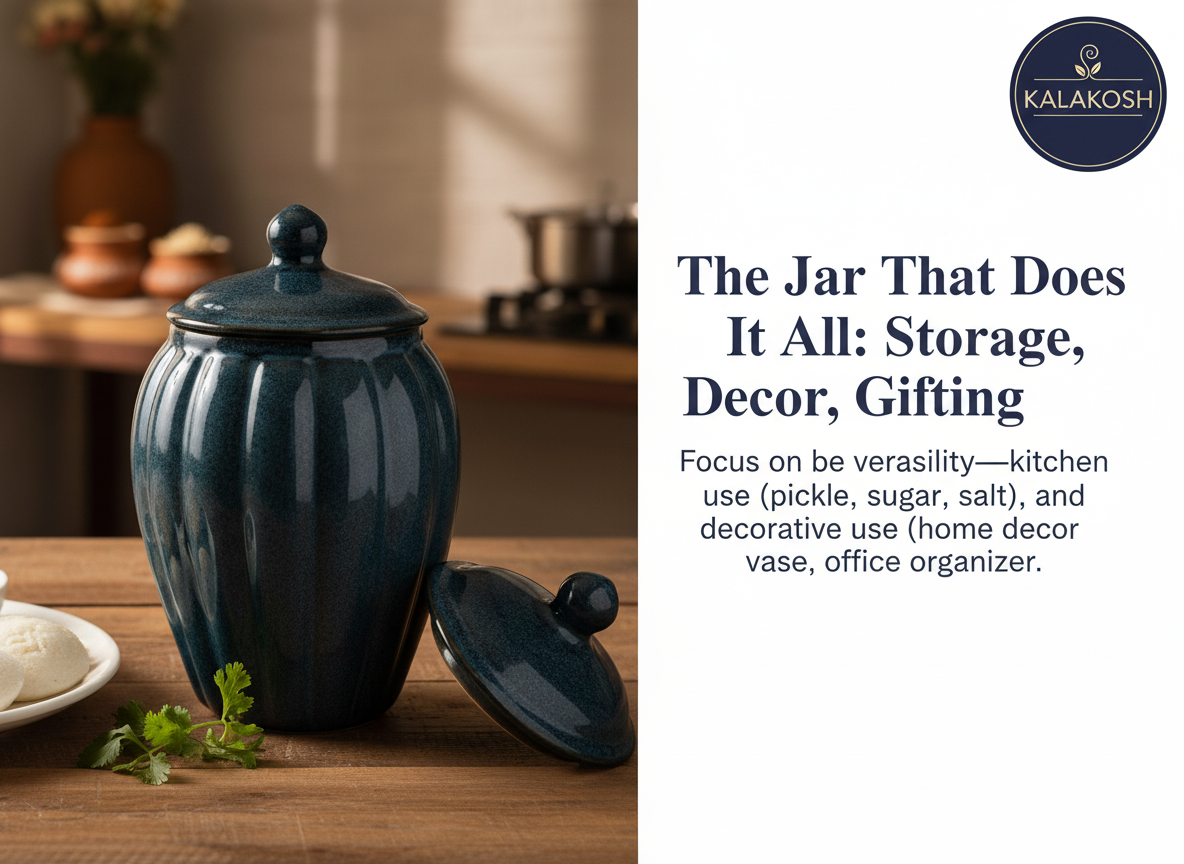 Premium Ceramic Pickle Jar Container with Lid | Home Decor Vase | Multipurpose Storage for Kitchen, Dining, Office Use & Gifting | Handcrafted Blue Glaze