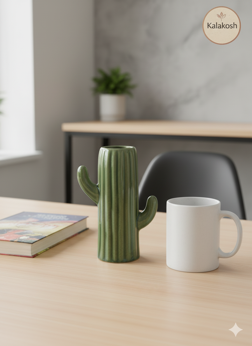 Handcrafted Ceramic Cactus Planter & Pen Holder for Desk, Home & Office Décor | Eco-Friendly Clay Pot & Stationary Organizer | Rustic Table Décor Gift