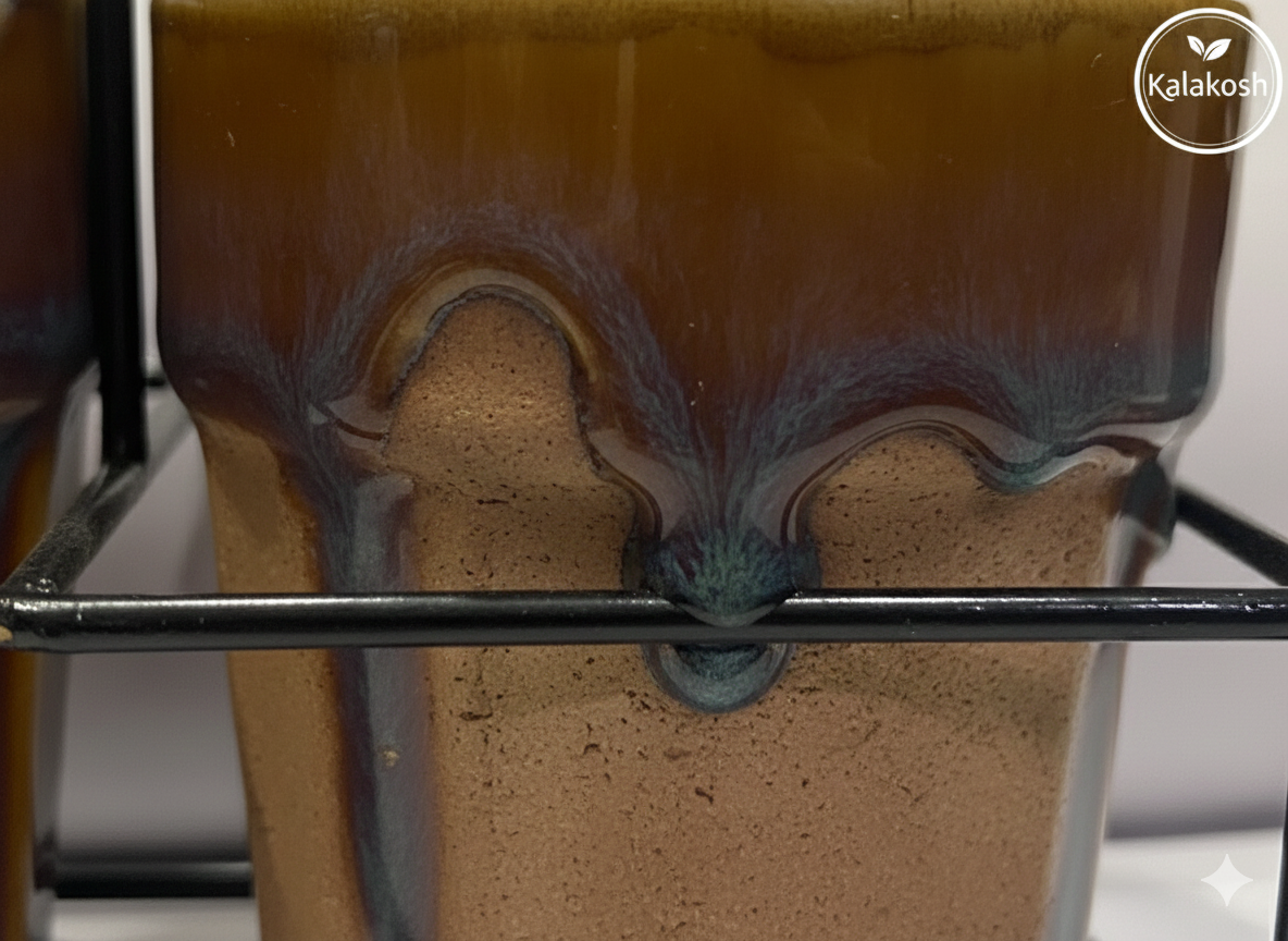 Premium Ceramic Tea & Coffee Cup Set of 2 with Metal Carrier Stand | Handcrafted Earthy Glaze Kulhad Mugs for Home Decor, Office Use & Kitchen | Rustic Aesthetic Studio Pottery Gift Set