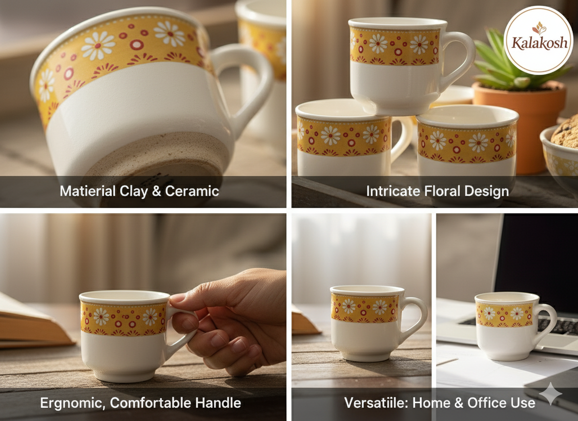 Handcrafted Rustic Ceramic Tea Cup Set of 6 | Clay Coffee Mugs for Home & Office Use | Artisanal Gifting