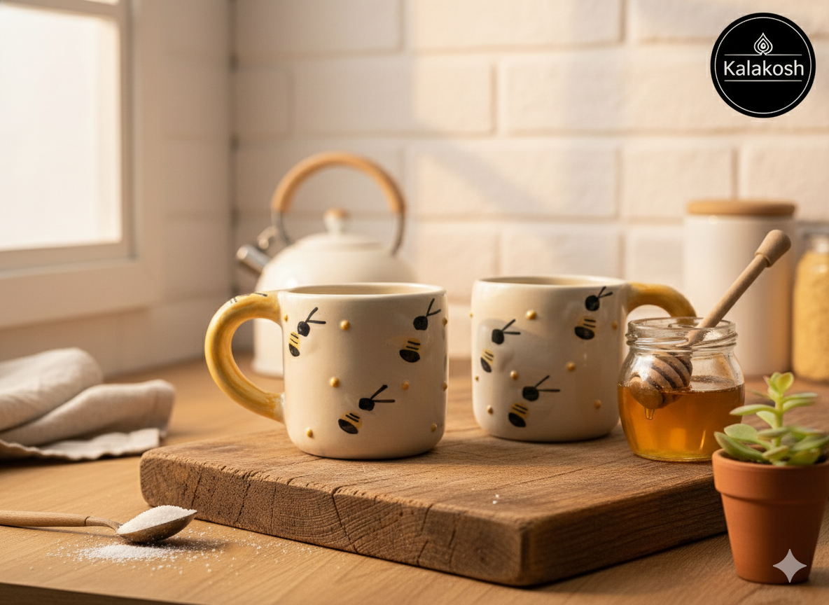 Handcrafted Ceramic Coffee Tea Mugs Set of 2 | Bee Design | Premium Pottery for Home Decor & Office Use | Unique Gifting