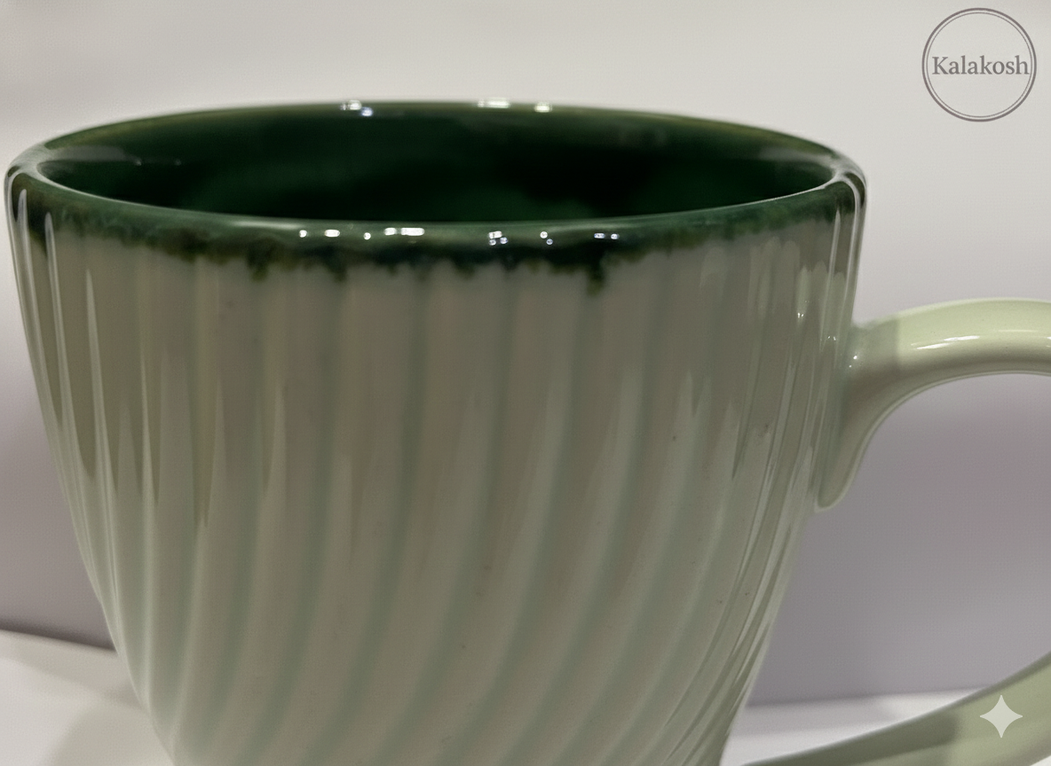 Premium Ceramic Coffee Mug for Home and Office Use - 350ml Fluted Tea Cup for Kitchen & Dining - Aesthetic Drinkware for Hot Beverages - Elegant Home Decor Gift Item (Sage & Forest Green)