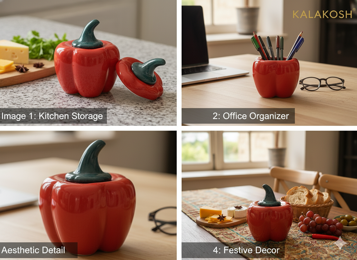 Premium Ceramic Red Bell Pepper Pickle Jar with Lid | Multipurpose Home Décor Vase Office Use Container Storage Decorative Gift