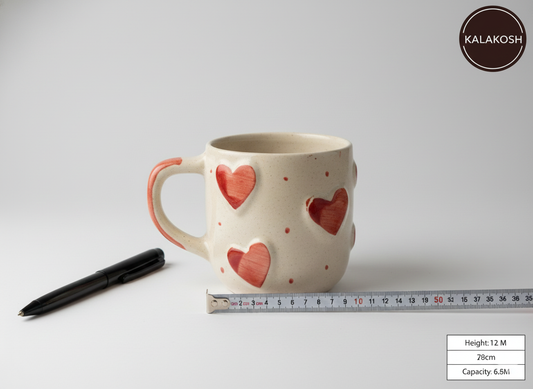 Handcrafted Ceramic Coffee Tea Mug - Home Decor Vase | Office Use & Home Use | Unique Embossed Red Heart Design | Premium Aesthetic Gift for Men & Women