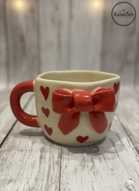 Handcrafted Ceramic Coffee/Tea Mug | Adorable Red Heart & Bow Design | Home Decor, Office Use | Premium Aesthetic Gift for Her/Him