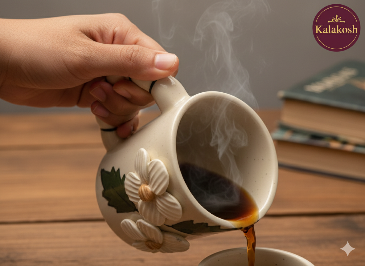 Handcrafted Ceramic Coffee Tea Mug – Home Decor, Office Use, Unique Clay Earthenware, Floral & Leaf Design – Premium Gifting