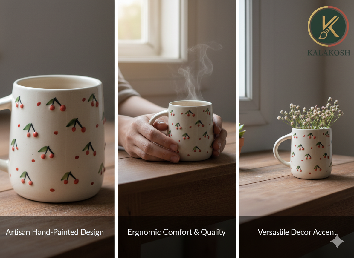 Handmade Cherry Pattern Ceramic Coffee Mug | Home Decor Vase | Premium Tea Cup for Office & Home Use | Unique Gifting