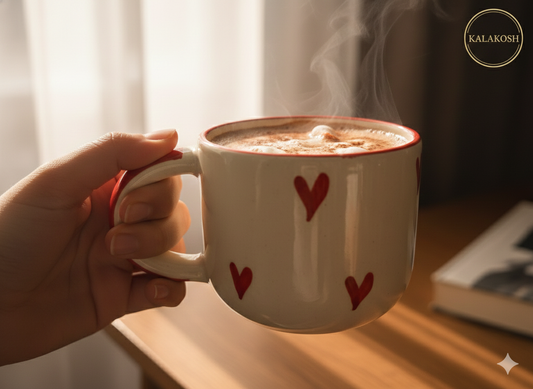 Hand-Painted Ceramic Coffee Mug Set | Red Heart Design | Home Decor, Office Use | Tea Cups | Gifting for Couple, Valentine's Day, Anniversary