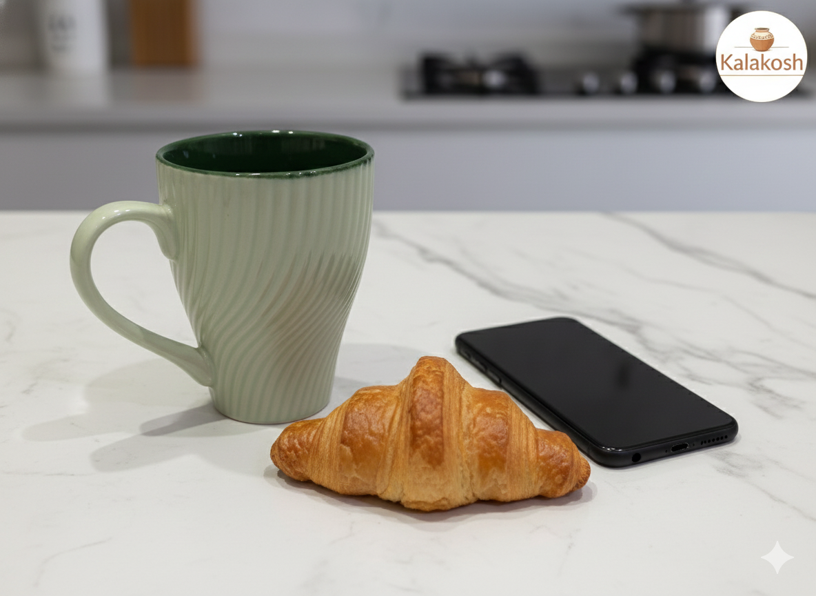 Premium Ceramic Coffee Mug for Home and Office Use - 350ml Fluted Tea Cup for Kitchen & Dining - Aesthetic Drinkware for Hot Beverages - Elegant Home Decor Gift Item (Sage & Forest Green)