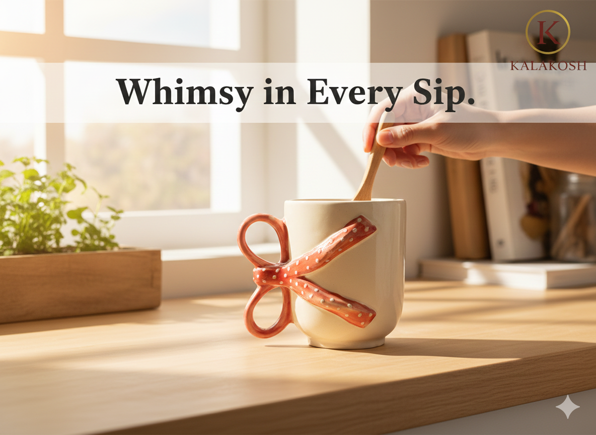 Handmade Ceramic Coffee Mug with Red Polka Dot 3D Bow Handle - Aesthetic Tea Cup for Home Decor Vase, Office Use & Gifting - Unique Coquette Ribbon Design Pottery - Off-White & Red (300ml)