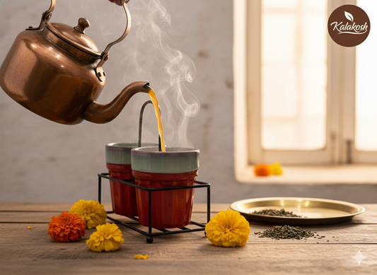 Premium Ceramic Tea and Coffee Cup Set of 2 with Iron Carrier Stand | Handcrafted Red & Grey Ombre Kulhad Set for Home Decor, Office & Gifting | Elegant Microwave Safe Morning Cutting Chai Cups