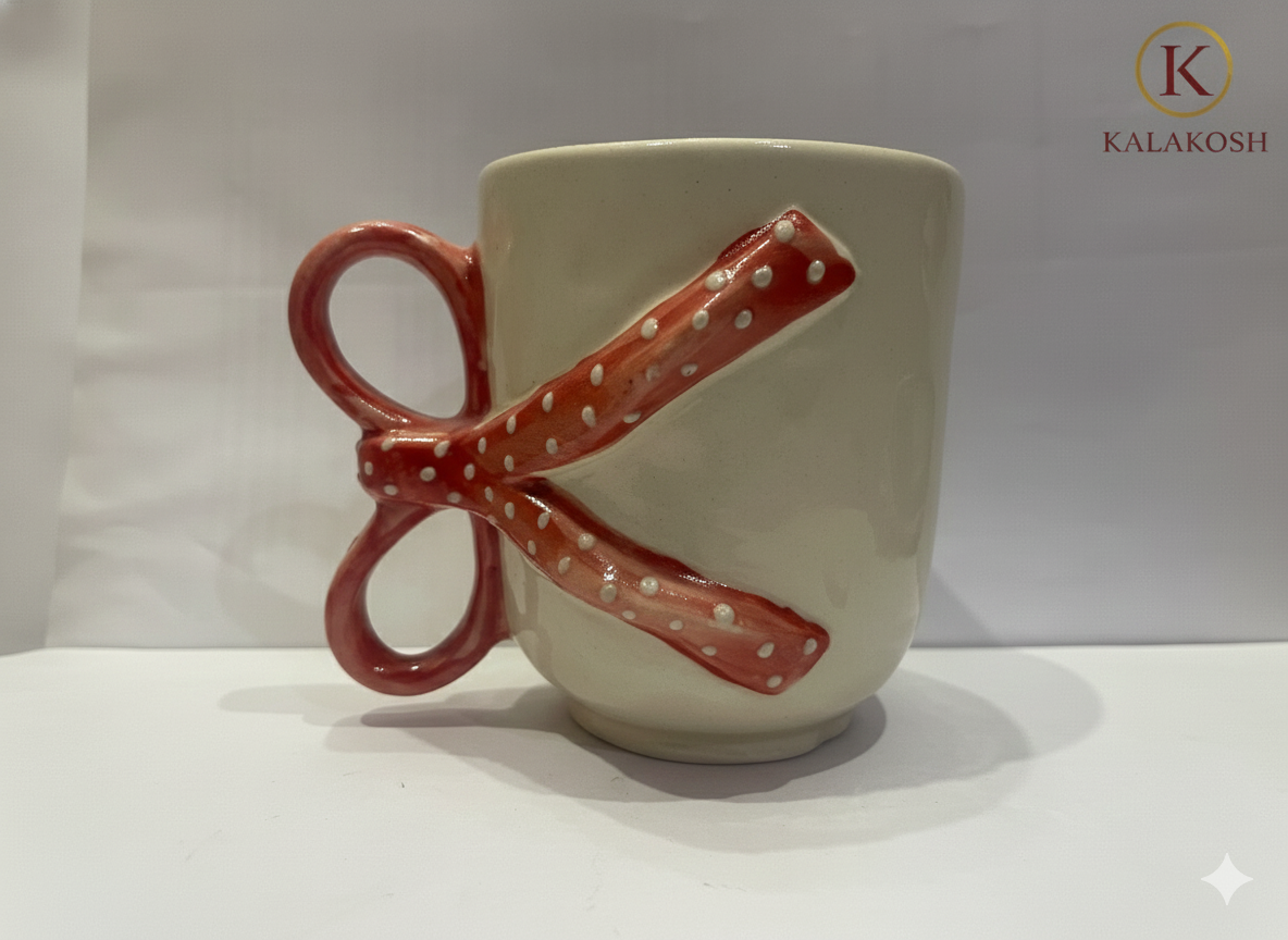 Handmade Ceramic Coffee Mug with Red Polka Dot 3D Bow Handle - Aesthetic Tea Cup for Home Decor Vase, Office Use & Gifting - Unique Coquette Ribbon Design Pottery - Off-White & Red (300ml)