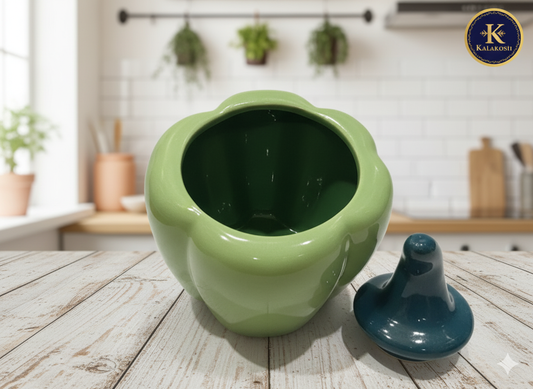 Premium Green Ceramic Pickle Jar Container with Lid | Unique Bell Pepper Shape | Multipurpose Kitchen Storage, Home Decor Vase, Office Use, Home Use | Ideal Gifting