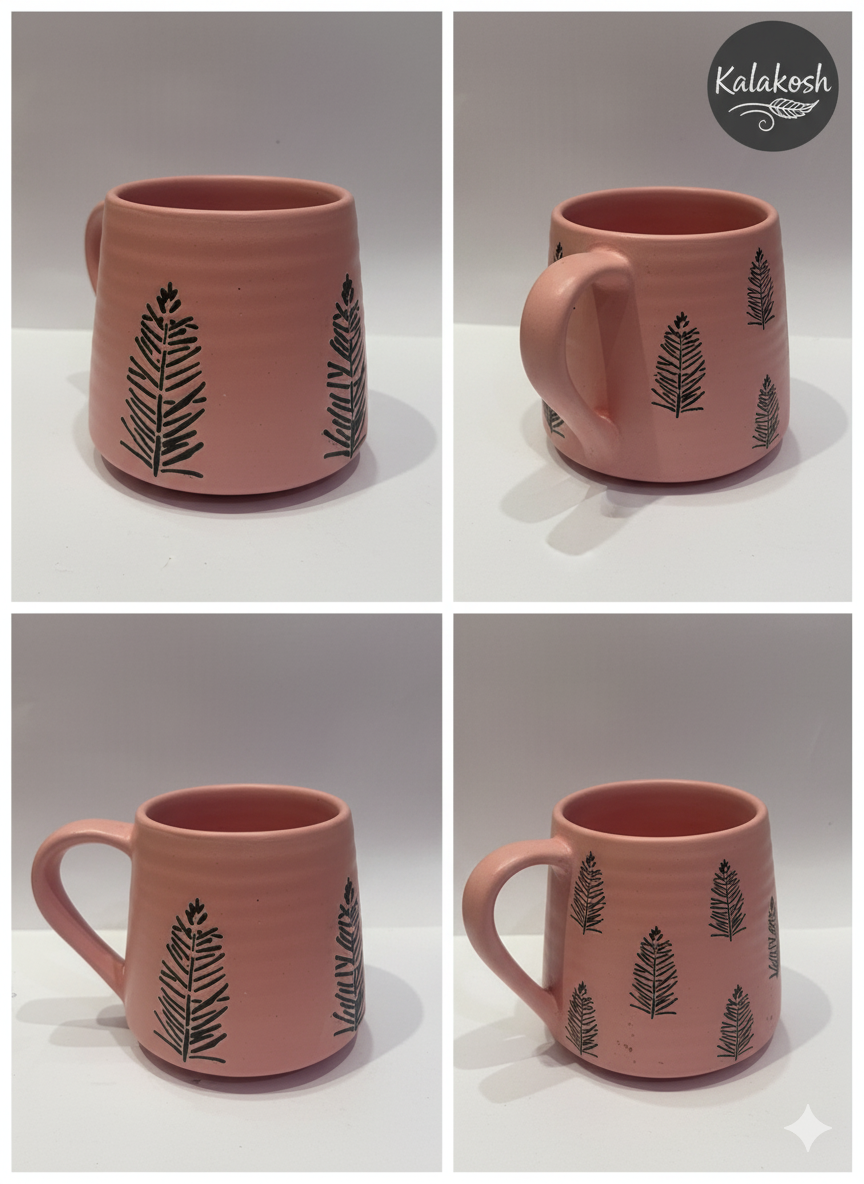 Handcrafted Terracotta Clay Coffee Mug | Pink Aesthetic | Black Fern Leaf Design | Rustic Home Decor & Office Use Tea Cup | Unique Gifting