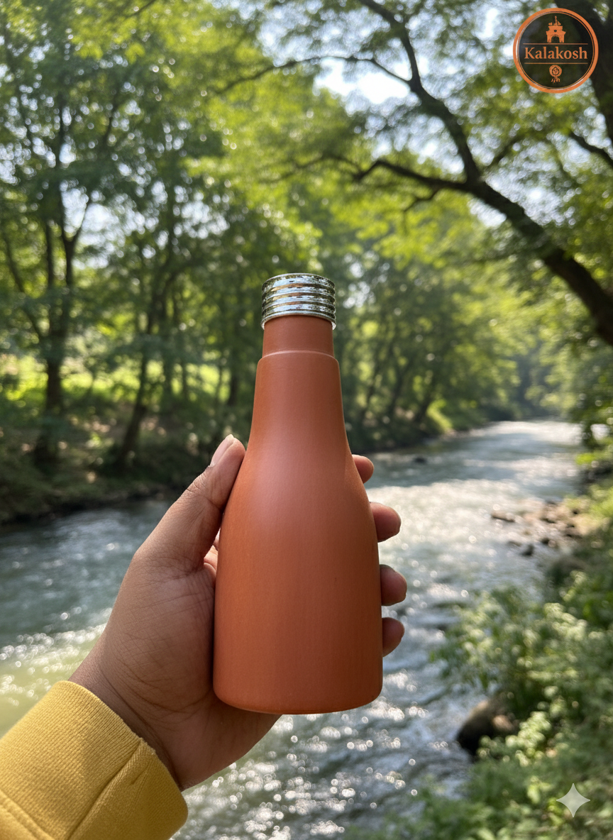 Handmade Terracotta Clay Water Bottle (500 ml) | Natural Earthenware Matka for Drinking Water | Chemical-Free, Self-Cooling, Alkaline & Non-Toxic Earthen Bottle