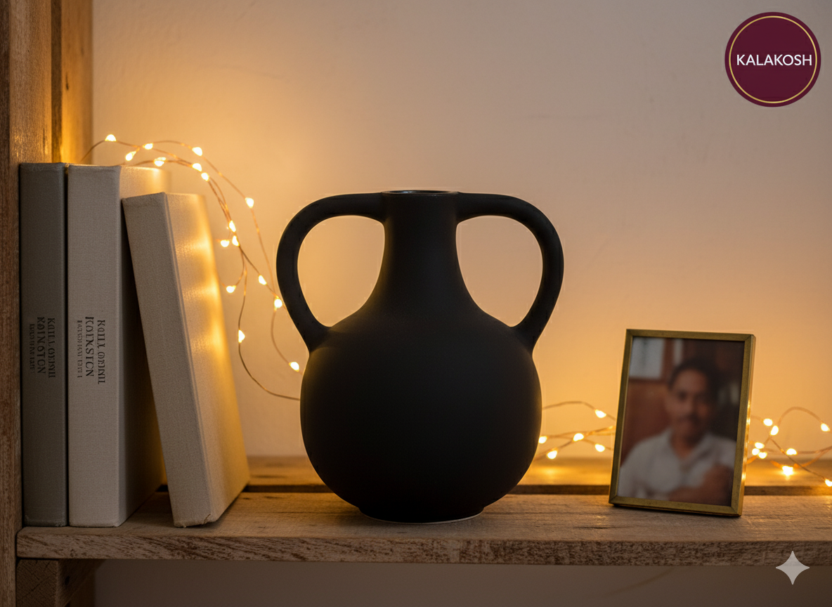 Premium Matte Black Double Handle Bottle Vase Planter | Modern Home Décor | Office Use, Living Room Accent, Clay Terracotta