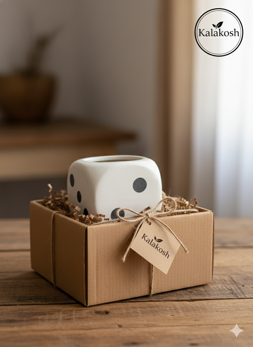 Handcrafted Ceramic Planter | Dice Design Clay Pot for Home & Office Decor | Eco-Friendly Artistic Desk Planter Gift | Rustic Indoor Flower Pot