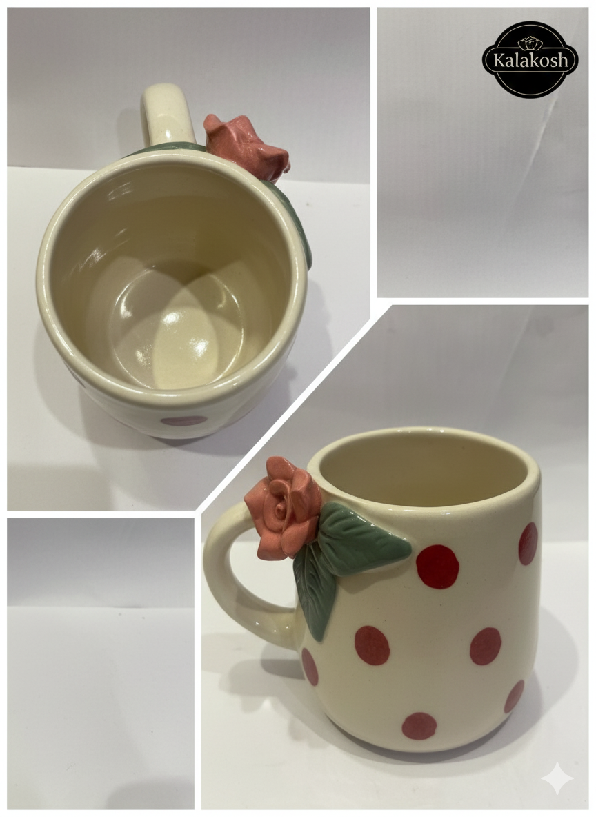 Handmade Ceramic Coffee Tea Mug – Elegant Polka Dot Design with 3D Rose – Ideal Home Decor, Office Use, and Unique Gifting
