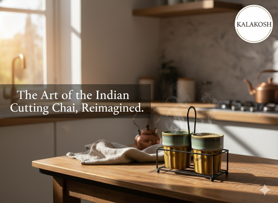 Premium Ceramic Cutting Chai & Coffee Cup Set with Metal Carrier Stand (Set of 2) – Handcrafted Dual-Tone Kullad Mugs for Home Decor, Kitchen, Office Use & Gifting – Elegant Home Decor Vase Style