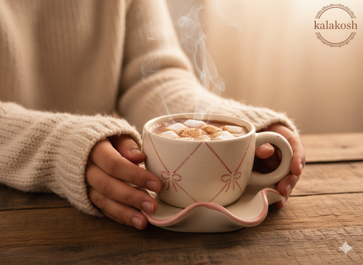Handcrafted Ceramic Tea Cup and Saucer Set | Home Decor | Coffee Mug Combo for Home & Office Use | Unique Ribbon Design Gifting