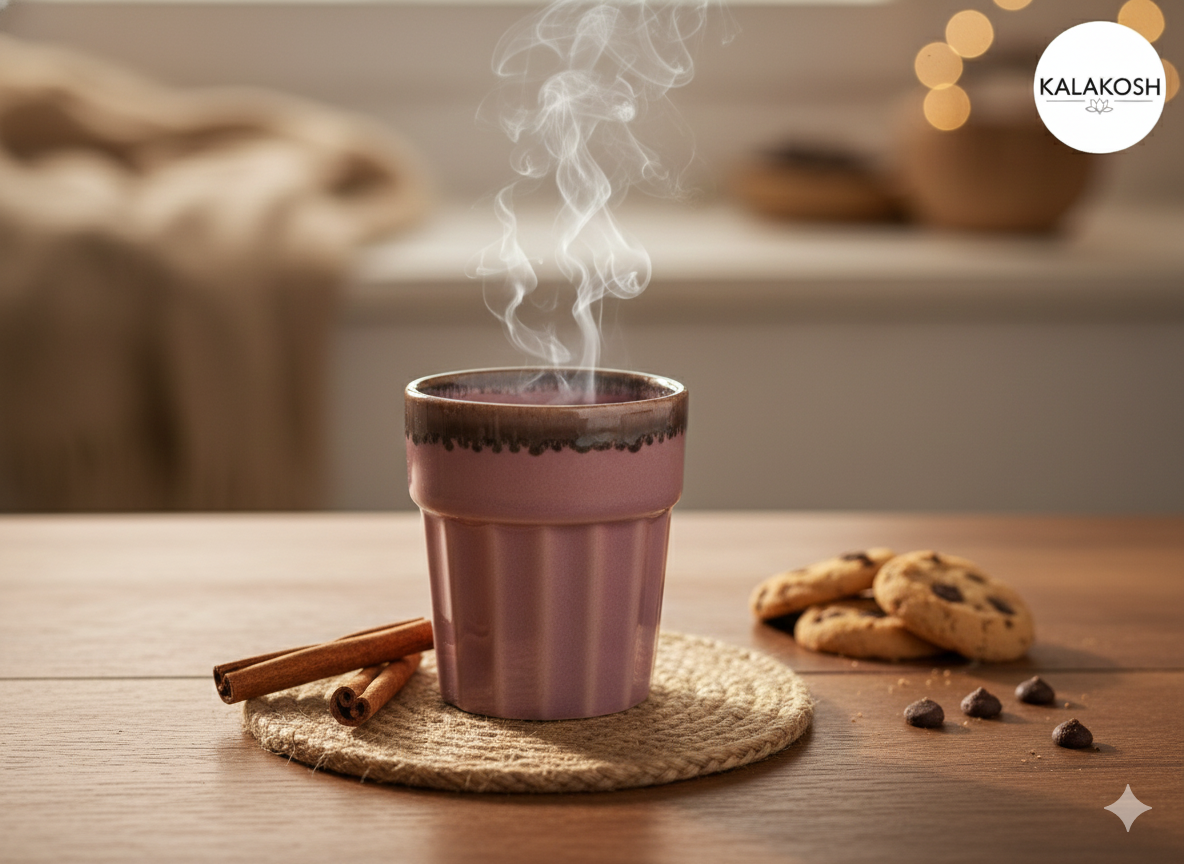 Premium Ceramic Tea and Coffee Cup Set of 2 with Metal Stand - Stylish Kullad Style Mug for Home Decor, Kitchen, Office Use & Gifting - Elegant Pink Glossy Finish Home Decor Vase Style Cups