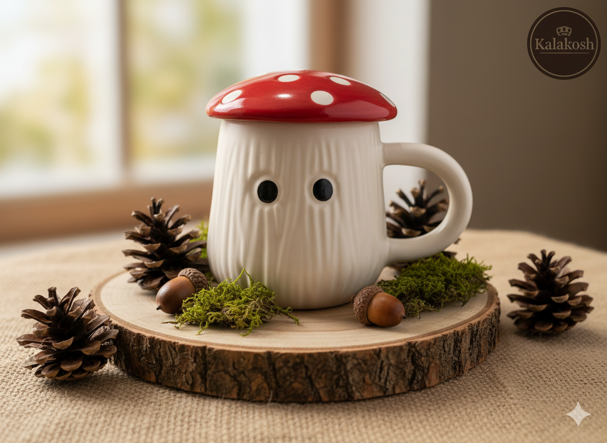 Handcrafted Ceramic Mushroom Coffee Mug with Lid | Eco-Friendly Clay Mugs for Home & Office Use | Unique Artisanal Tea Cup Gift