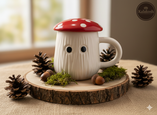 Handcrafted Ceramic Mushroom Coffee Mug with Lid | Eco-Friendly Clay Mugs for Home & Office Use | Unique Artisanal Tea Cup Gift