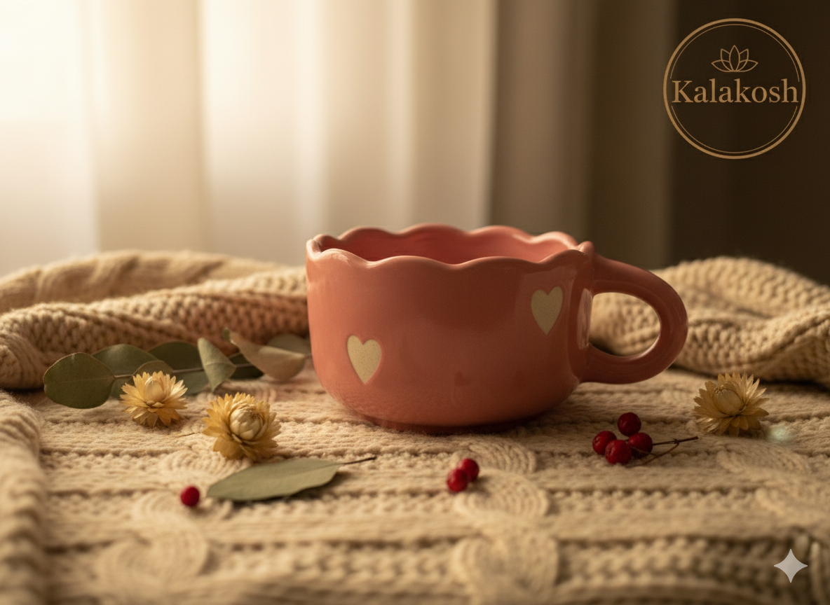 Handcrafted Pink Ceramic Coffee Mugs (Set of 1) with Heart Design | Eco-Friendly Clay Mugs for Home & Office Use | Rustic Artisanal Tea