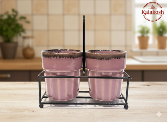 Premium Ceramic Tea and Coffee Cup Set of 2 with Metal Stand - Stylish Kullad Style Mug for Home Decor, Kitchen, Office Use & Gifting - Elegant Pink Glossy Finish Home Decor Vase Style Cups
