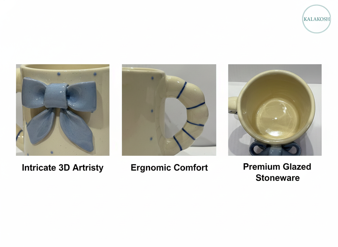 Handmade Ceramic Coffee Mug with 3D Blue Bow & Sculpted Handle – Premium Home Decor Aesthetic Tea Cup for Office & Home Use – Unique Birthday Gift for Women & Girls – 350ml Blue & Cream
