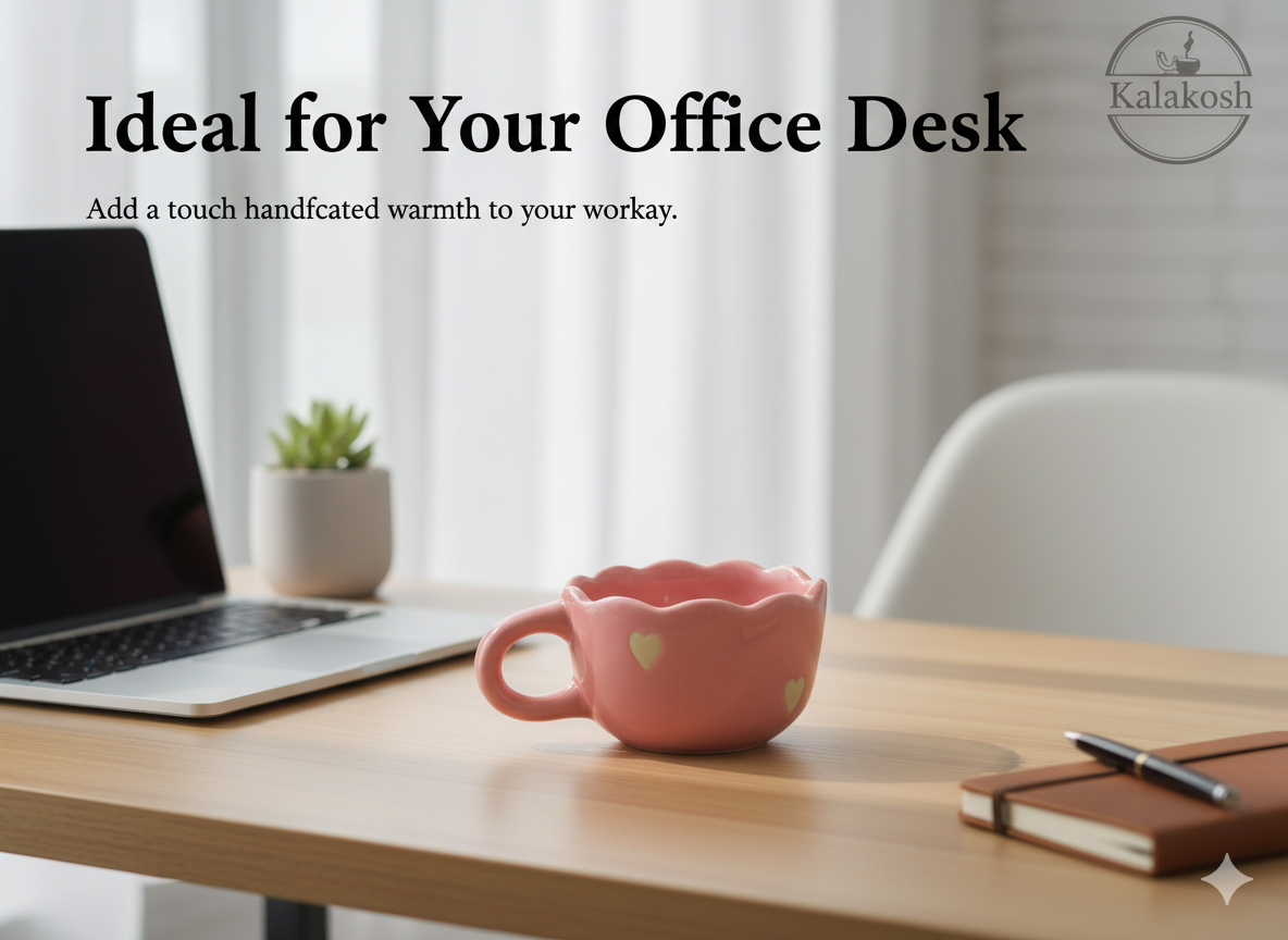 Handcrafted Pink Ceramic Coffee Mugs (Set of 1) with Heart Design | Eco-Friendly Clay Mugs for Home & Office Use | Rustic Artisanal Tea