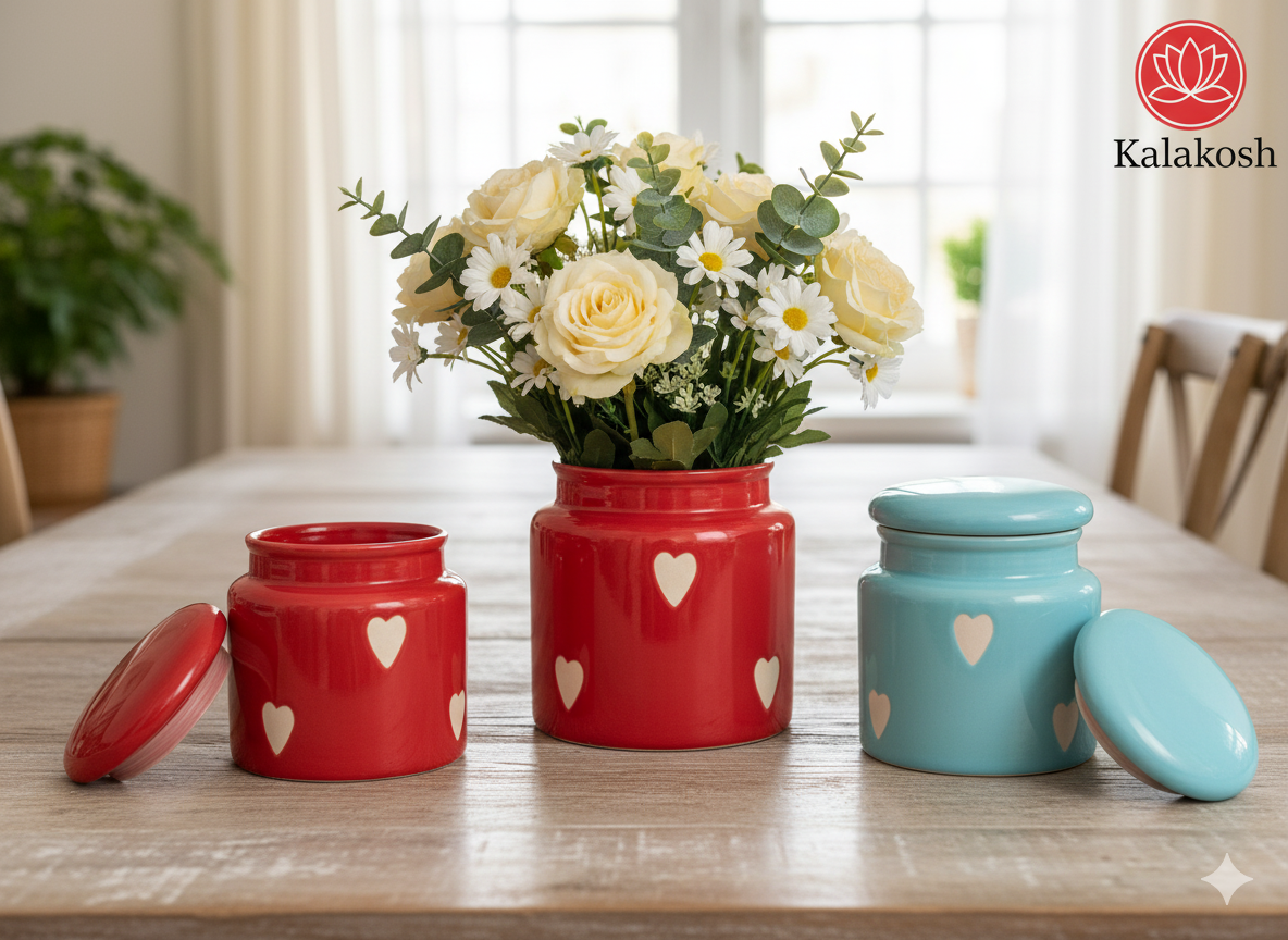 Red Ceramic Jar/Pickle Container with Heart Design | Airtight Kitchen Storage | Home Decor Vase | Office Use | Premium Gifting
