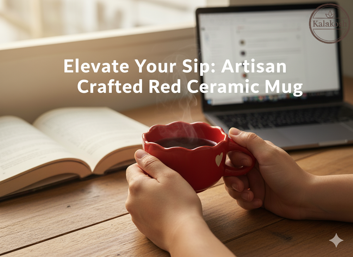 Handcrafted Red Ceramic Coffee Mugs (Set of 1) with Heart Design | Eco-Friendly Clay Mugs for Home & Office Use | Rustic Artisanal Tea