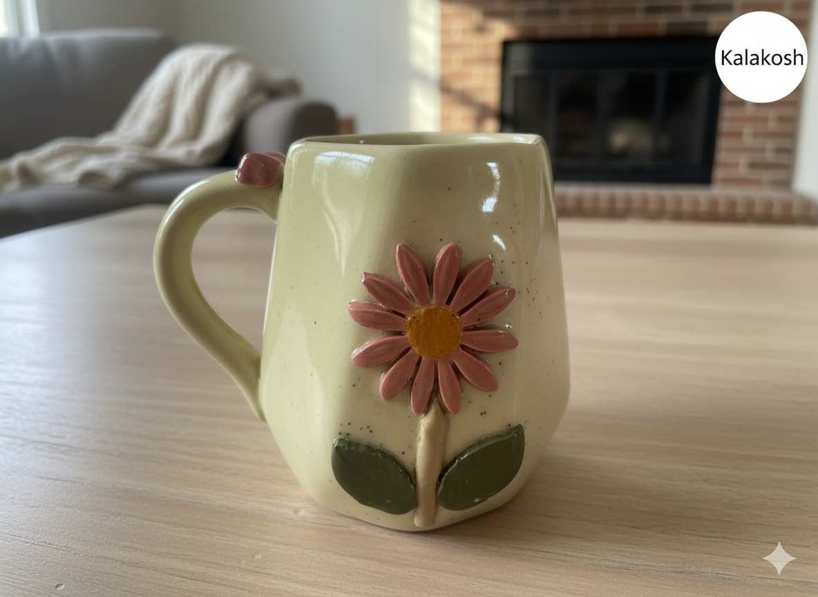 Handcrafted Floral Ceramic Coffee Mug | Home Decor Vase | Office Use Tea Cup | Premium Artisan Glaze for Home Use & Gifting