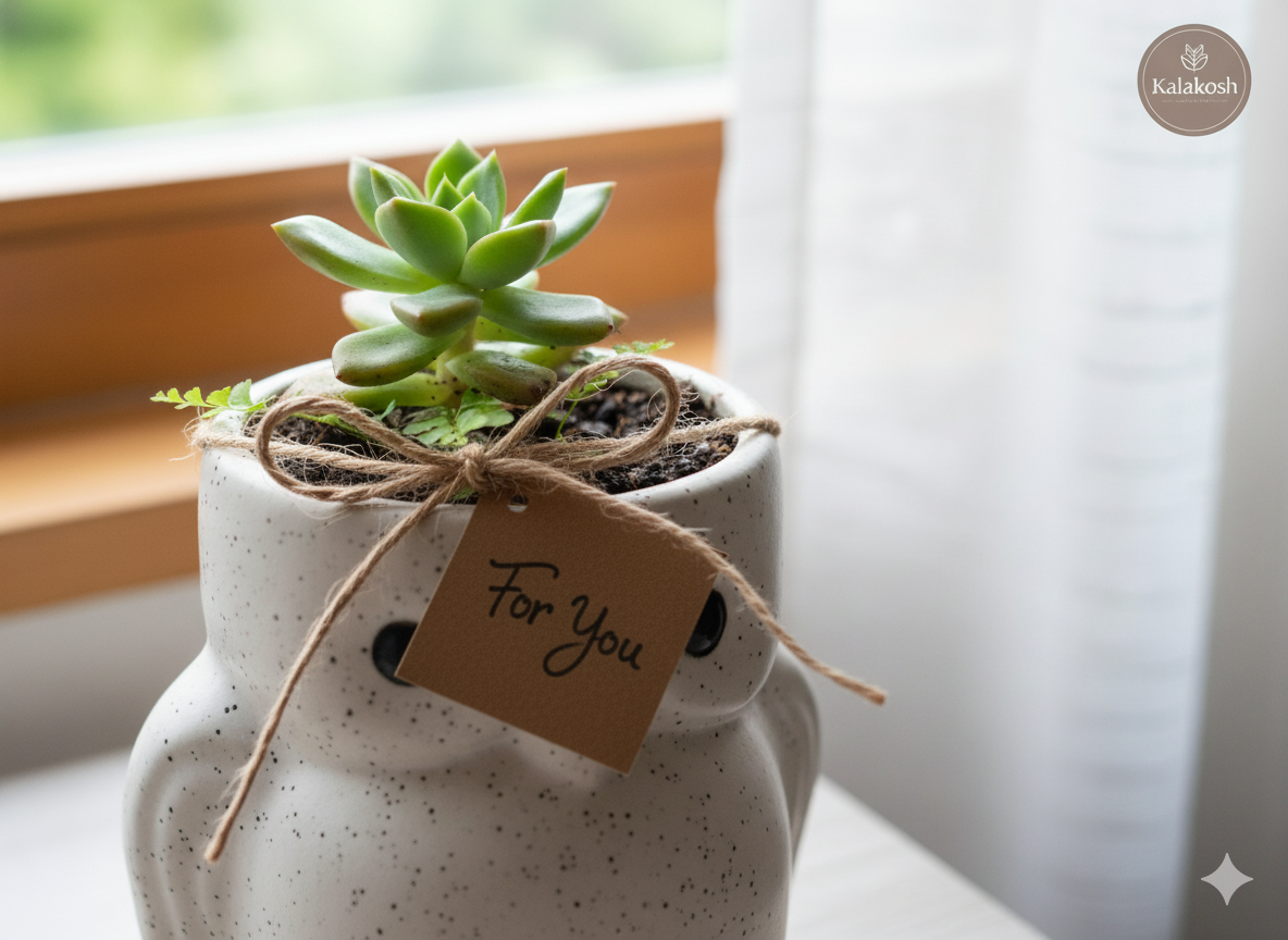 Handcrafted Owl Ceramic Planter & Pen Holder for Desk Décor | Speckled Clay Planters for Home Office | Artisan Eco-Friendly Succulent Pot Gift